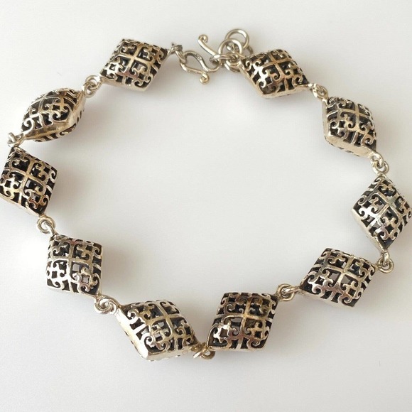 Vintage 925 Sterling Silver Filigree Heart Openwork Chain Link Bracelet - Picture 3 of 4